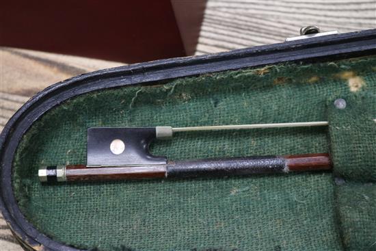 A 19th century violin, two piece back, cased with a later bow